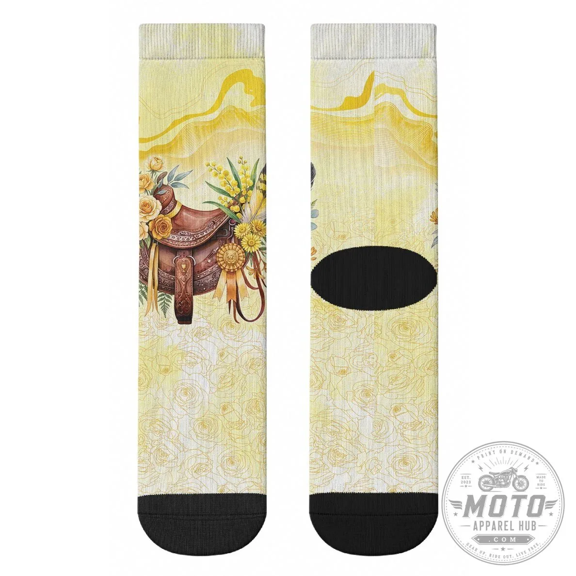 Yellow Rose and Wattle Flowers Horse Saddle Crew Socks for Women 11 Yellow Rose and Wattle Flowers Horse Saddle Crew Socks for Women