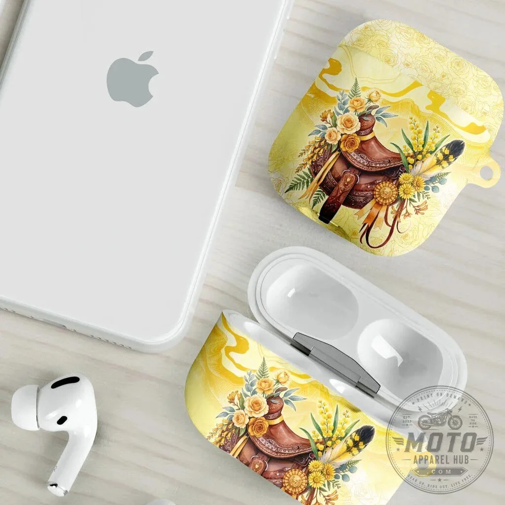 Western Horse Saddle Floral Yellow Rose Wattle Flowers AirPods Case 14 Western Horse Saddle Floral Yellow Rose Wattle Flowers AirPods Case