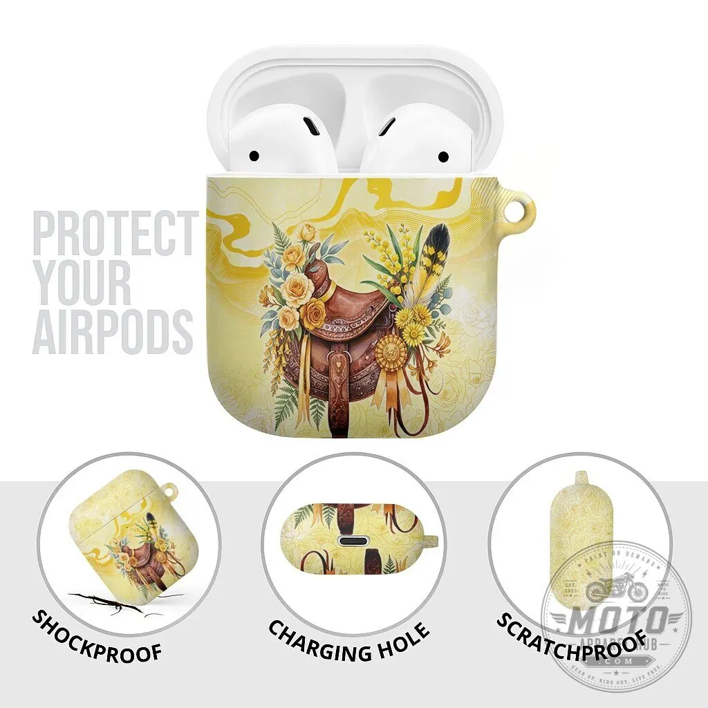 Western Horse Saddle Floral Yellow Rose Wattle Flowers AirPods Case 15 Western Horse Saddle Floral Yellow Rose Wattle Flowers AirPods Case