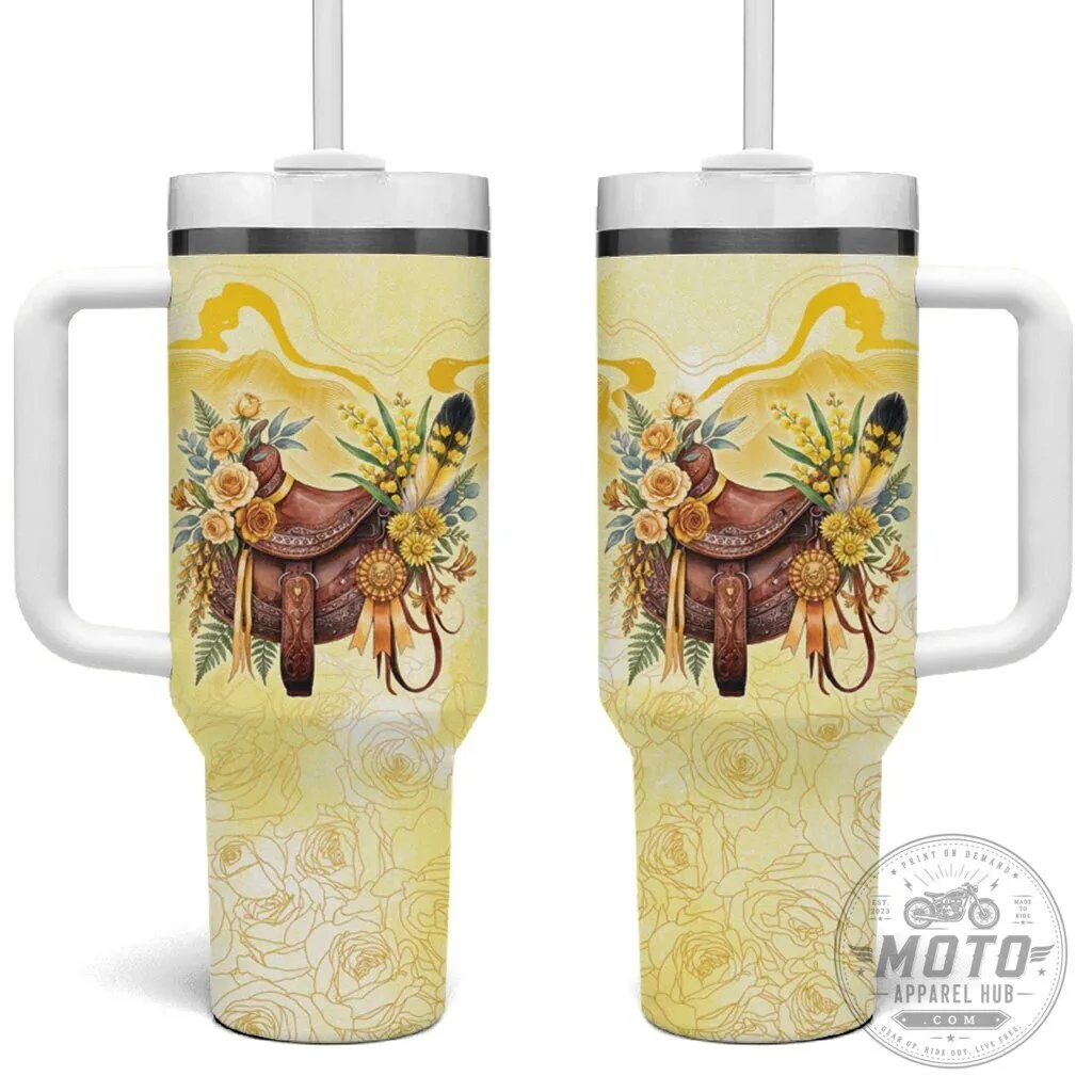 Yellow Rose and Wattle Flowers Horse Saddle Floral Tumbler with Handle