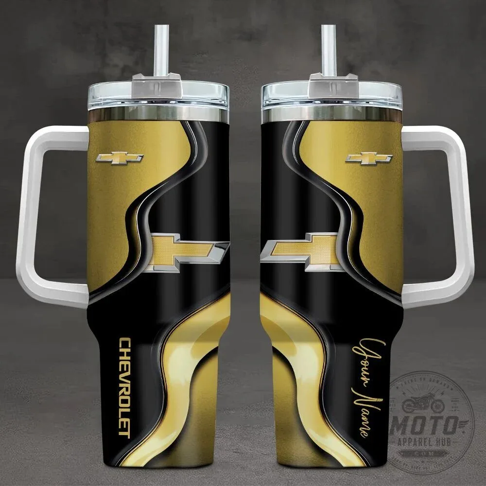 Chevrolet Gold Black Custom Name Stainless Steel Insulated Tumbler with Handle