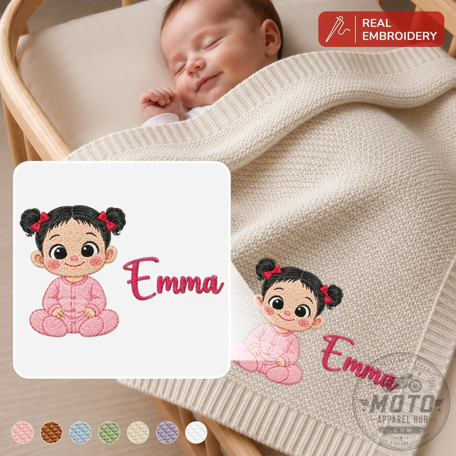 Personalized Baby Girl Blanket with Embroidered Cartoon Doll and Custom Name
