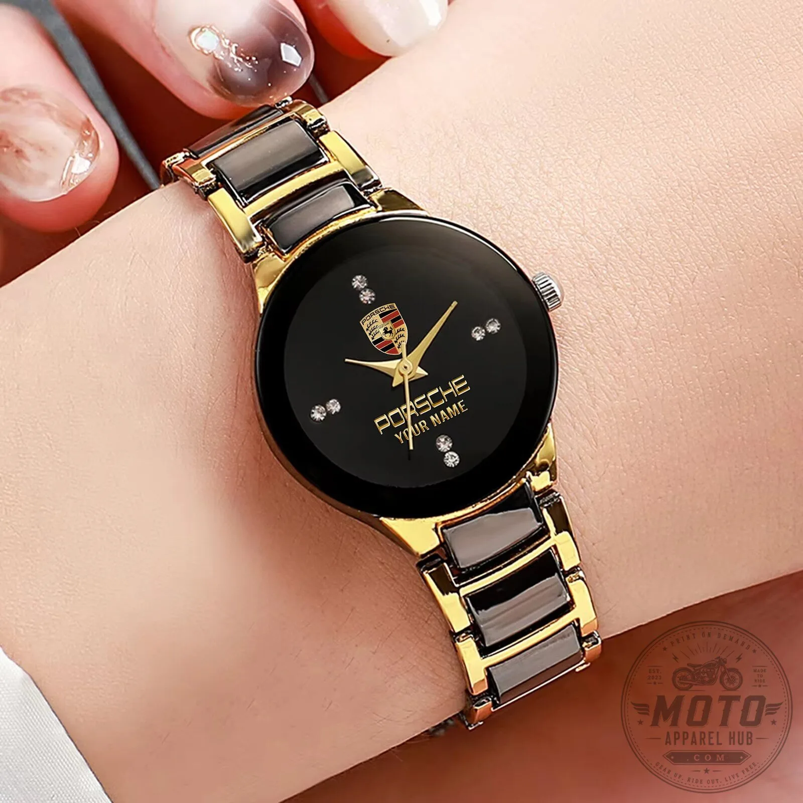 Porsche Custom Name Gold and Black Women's Quartz Watch