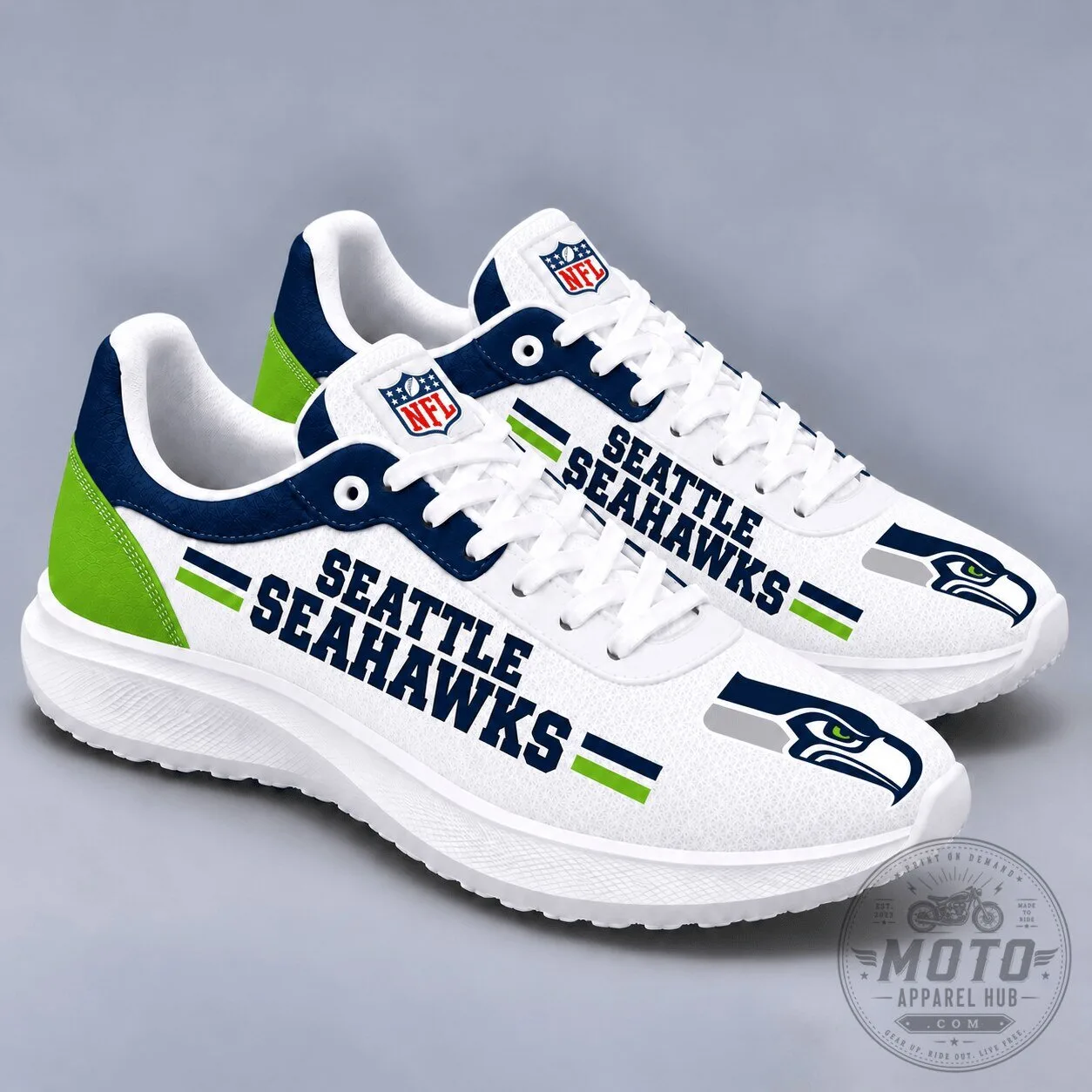 Seattle Seahawks NFL Team Logo White and Blue Athletic Running Shoes
