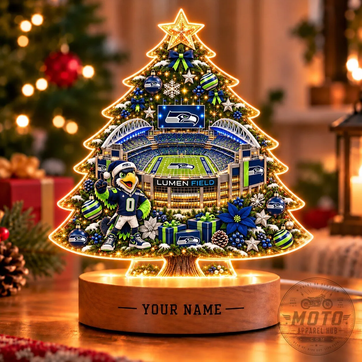 Seattle Seahawks Lumen Field Christmas Tree LED Light Custom Name Tabletop Decor