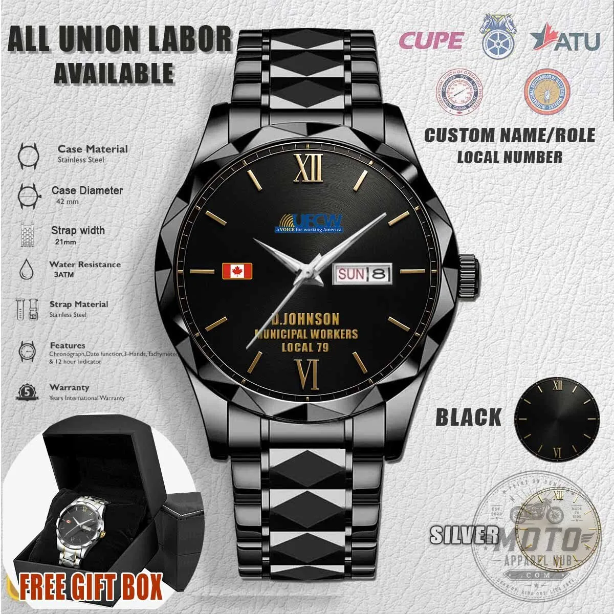 UFCW Stainless Steel Watch with Custom Name and Local Number