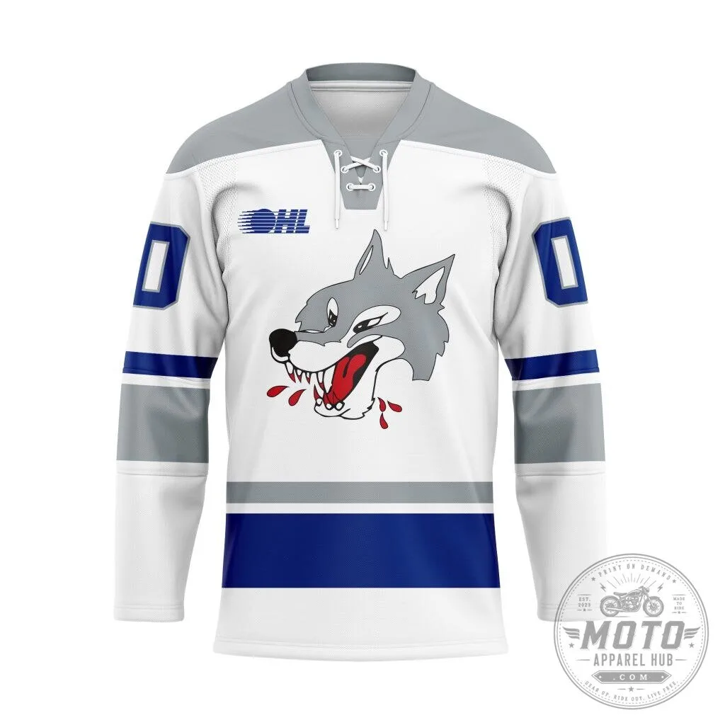 Sudbury Wolves Personalized White and Blue Hockey Jersey