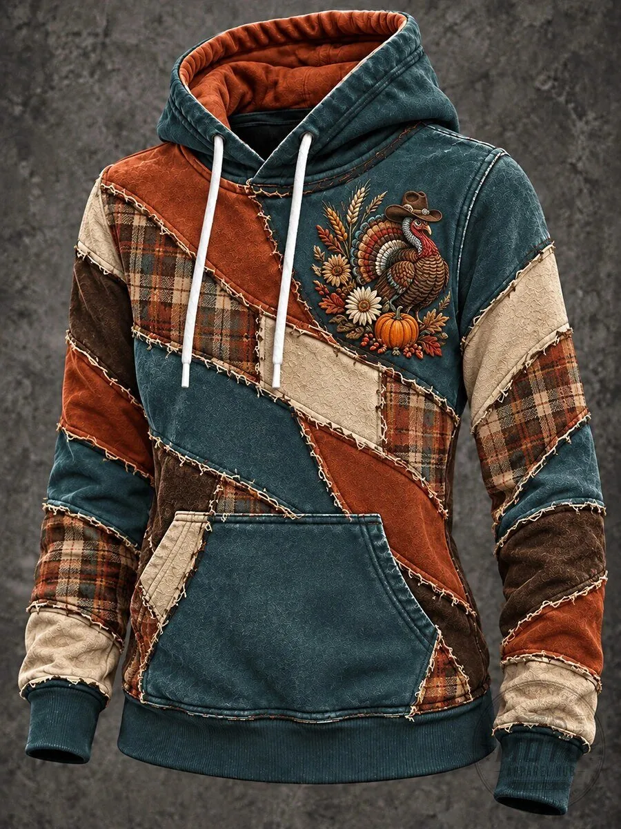 Vintage Thanksgiving Plaid Patchwork Turkey Hoodie