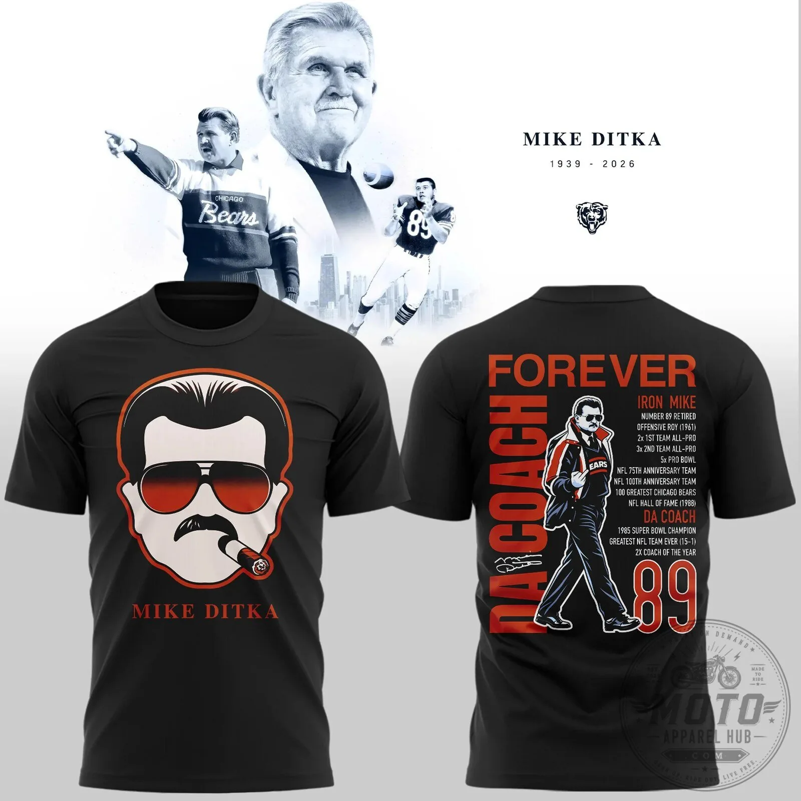Mike Ditka Chicago Bears Football Legend Black Graphic T-Shirt