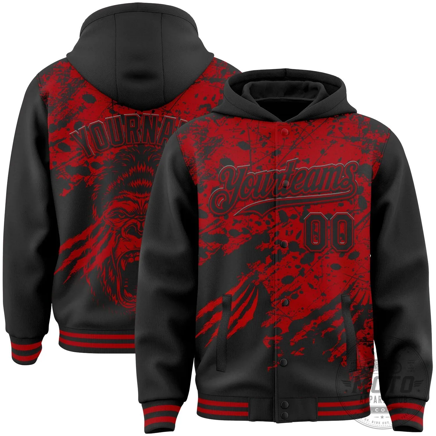 Black and Red Gorilla Claw Scratch Paint Splatter Bomber Varsity Jacket