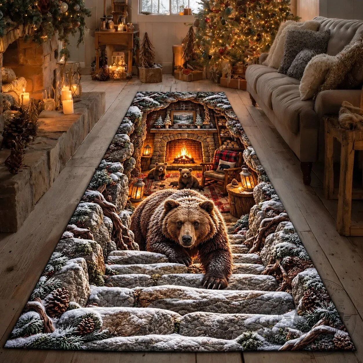 Grizzly Bear Winter Cabin Scene Stairway Runner Rug