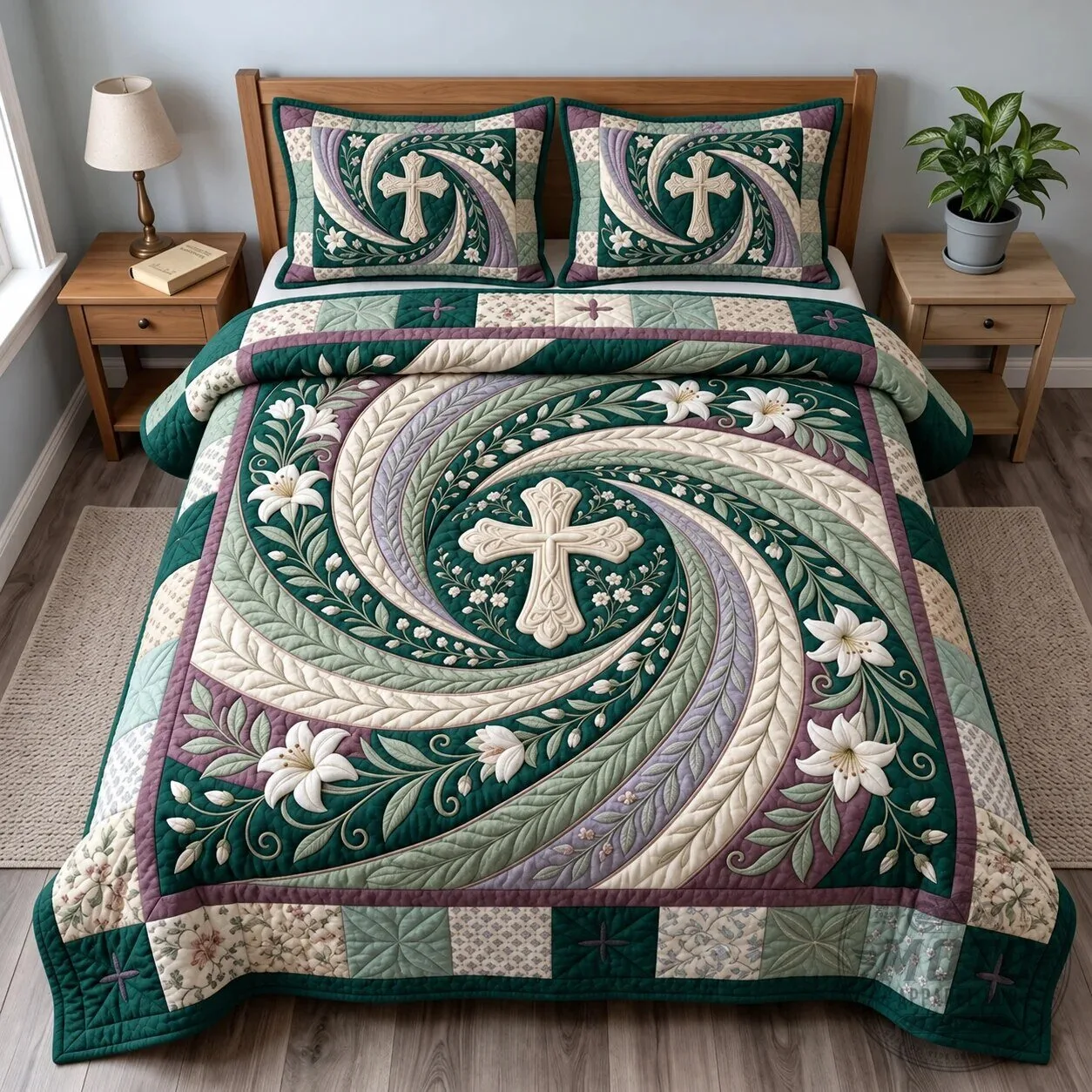 Garden of Faith Christian Cross Floral Swirl Quilted Bedding Set