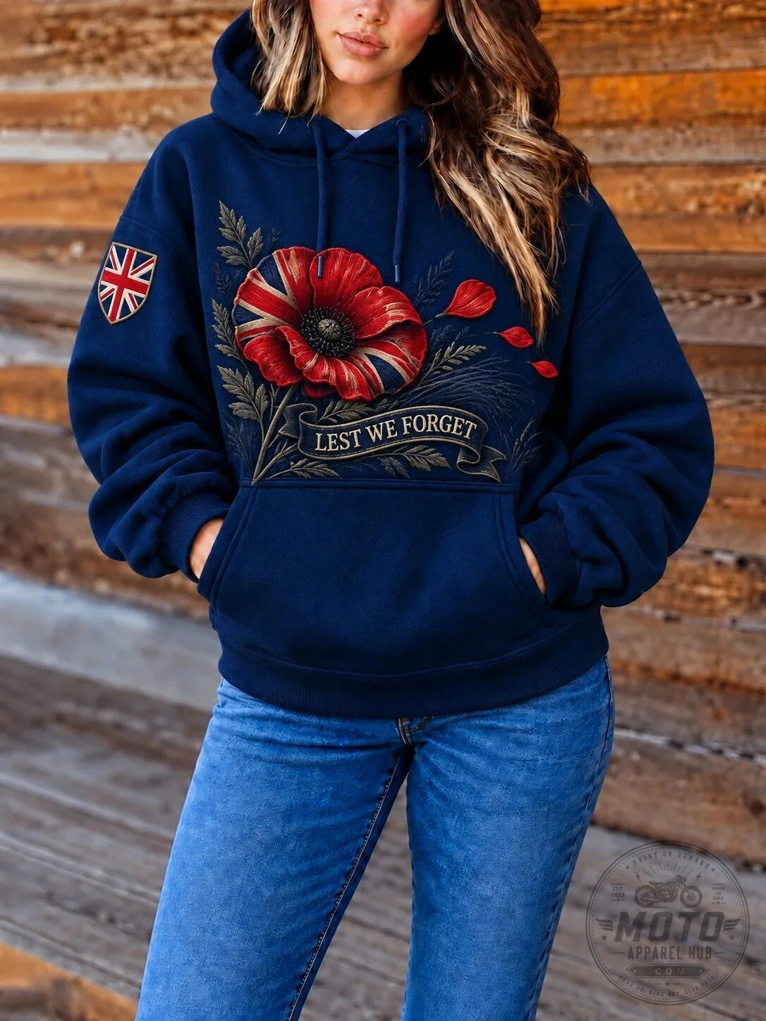 United Kingdom Flag Hoodie featuring Poppy Flower for Remembrance Day - Lest We Forget