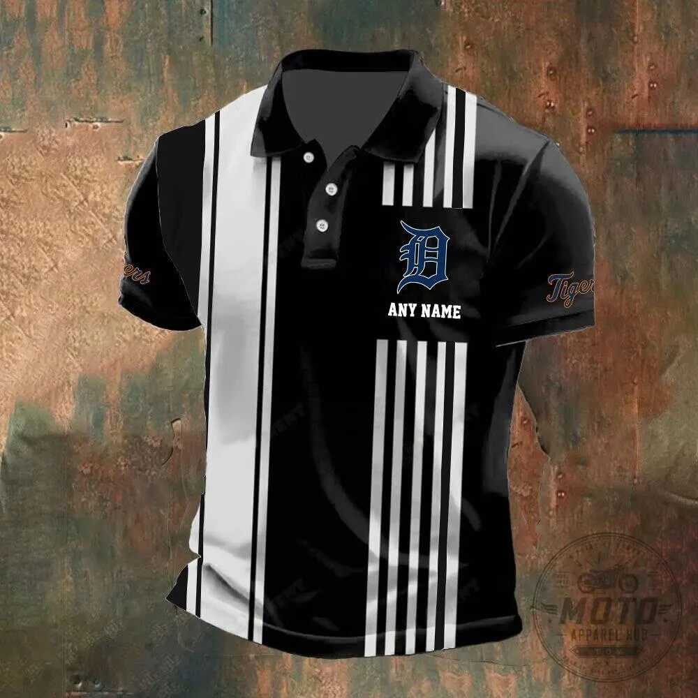Detroit Tigers Personalized Name Vertical Stripes Black and White Polo Shirt
