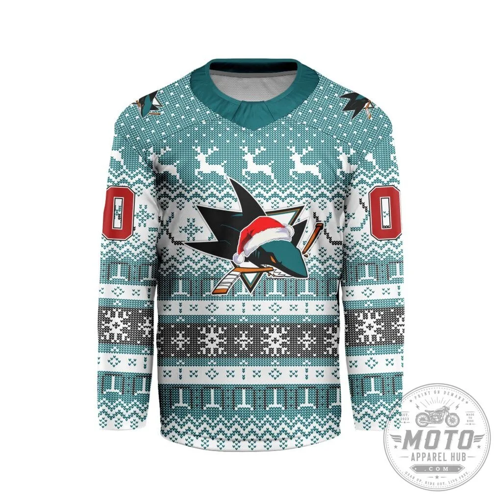 San Jose Sharks Christmas Holiday Ugly Sweater Style Hockey Jersey
