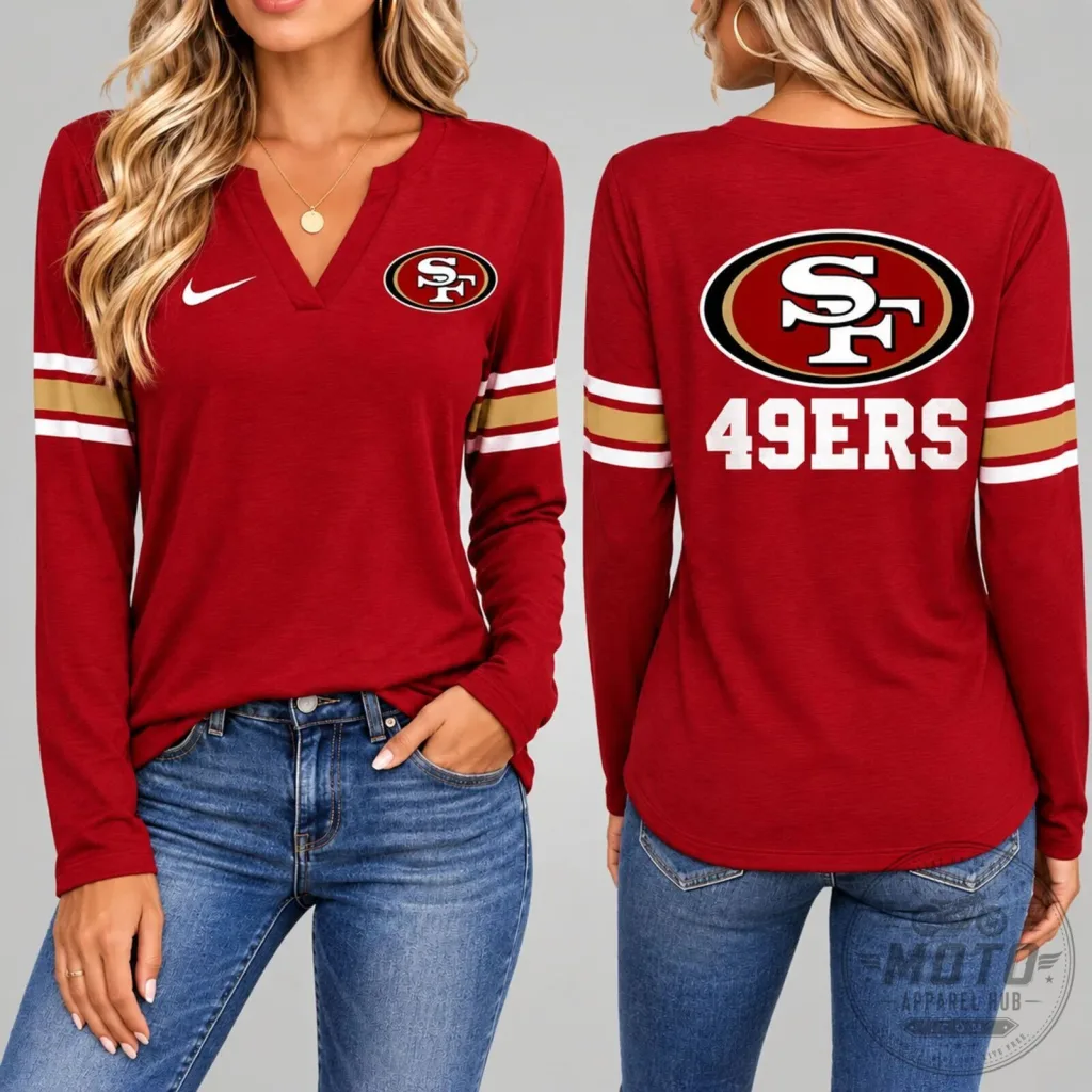 San Francisco 49ers Women's Nike Red Gold Stripe Long Sleeve T-Shirt San Francisco 49ers Women's Nike Red Gold Stripe Long Sleeve T-Shirt