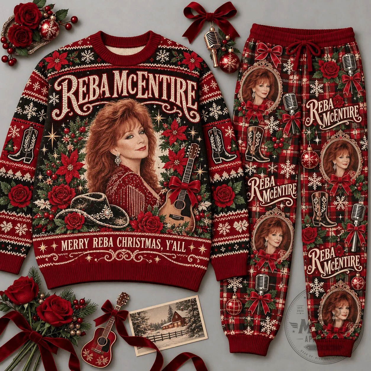Reba McEntire Merry Christmas Y'all Portrait Red Holiday Pajamas Set