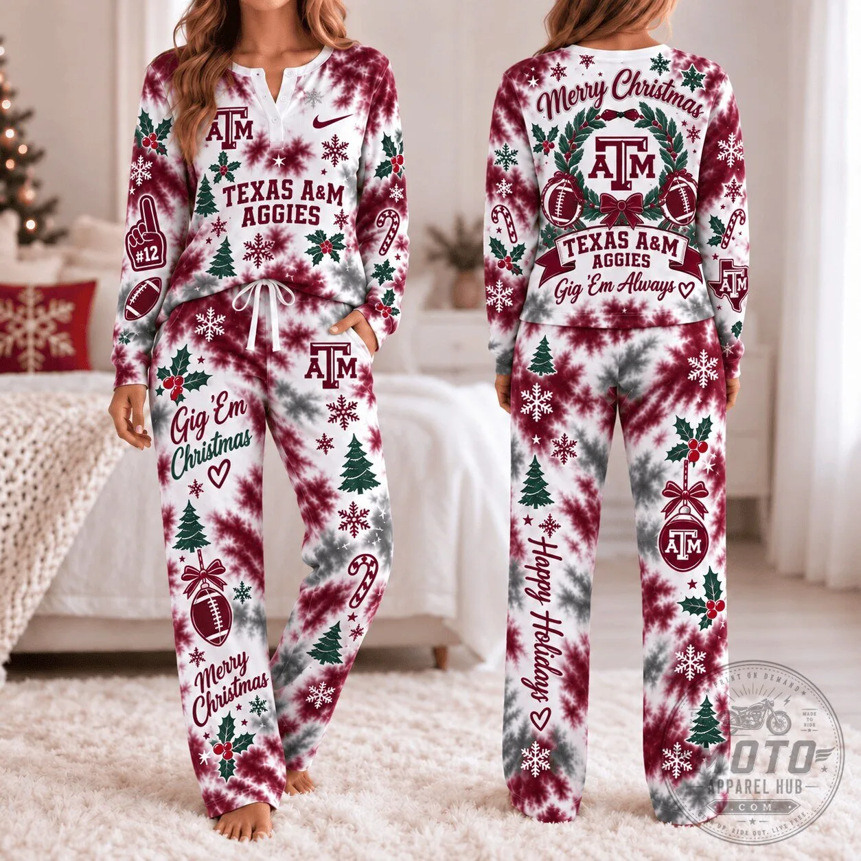 Texas A&M Aggies Christmas Tie-Dye Pajamas Set