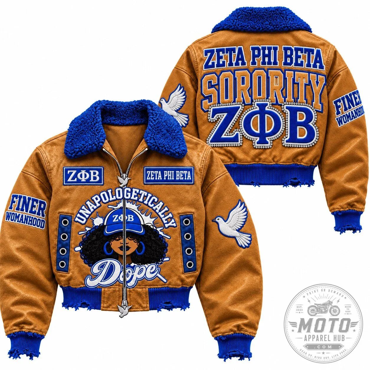 Zeta Phi Beta Sorority Cropped Bomber Jacket with Finer Womanhood Design