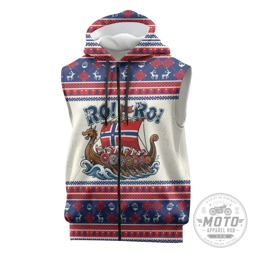 Norway Christmas Viking Ship Ro Ro Santa Claus Sleeveless Zip Hoodie