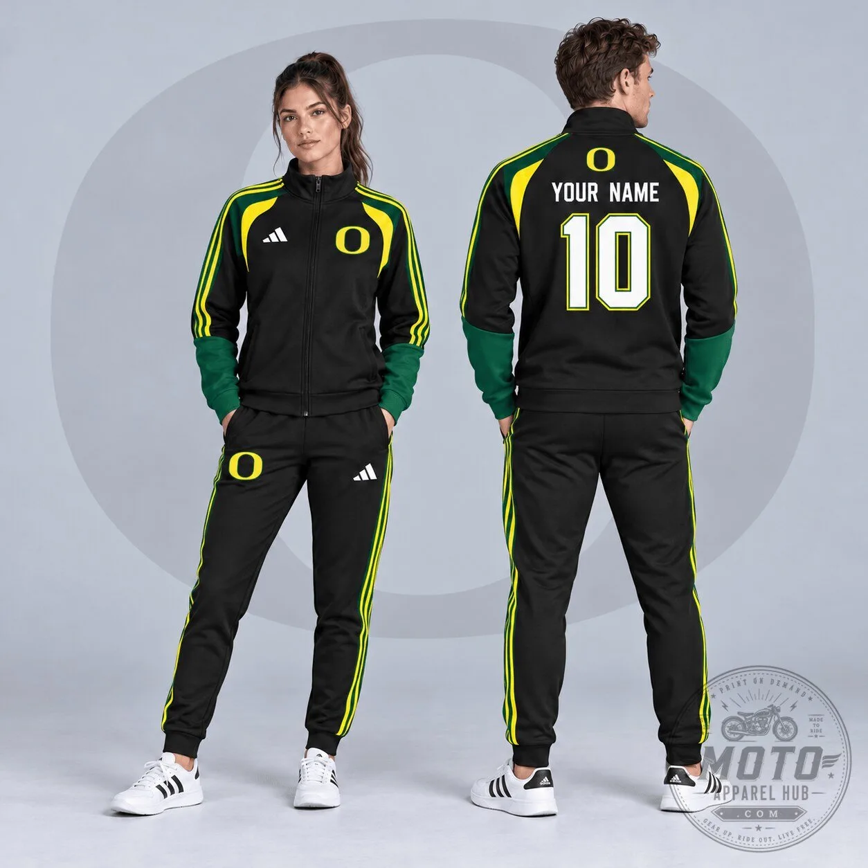 Oregon Ducks Personalized Varsity Stripe Full-Zip Jacket and Jogger Tracksuit Set 2 Oregon Ducks Personalized Varsity Stripe Full-Zip Jacket and Jogger Tracksuit Set
