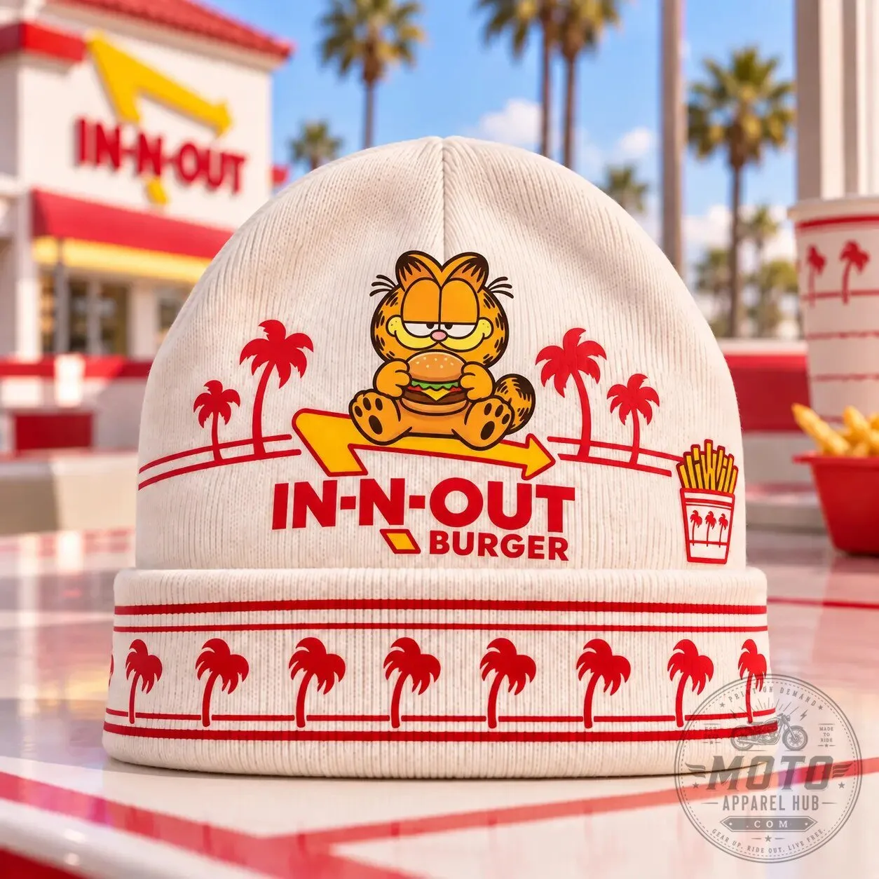 Garfield In-N-Out Burger Cartoon Character Palm Tree White Beanie Hat