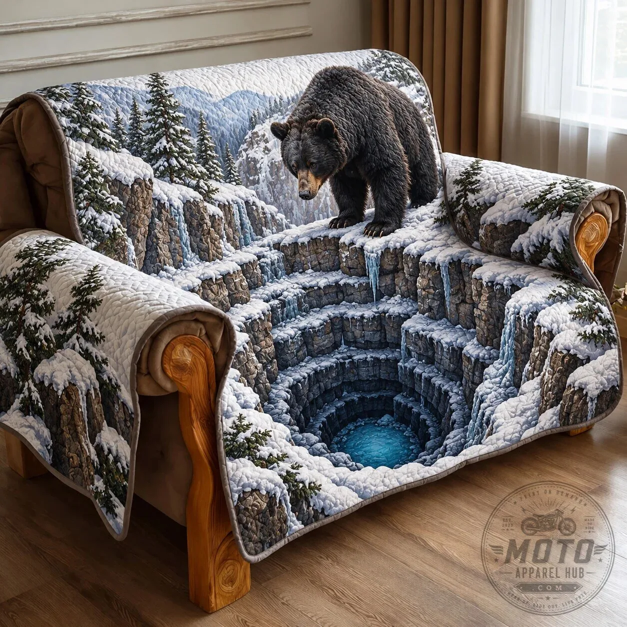 Winter Bear Cliff Abyss 3D Illusion Quilted Sofa Cover Protector