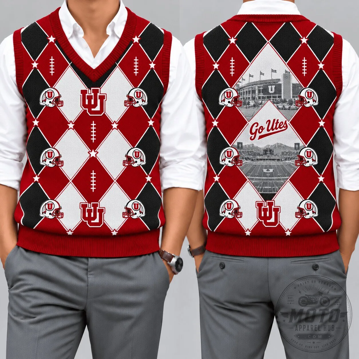 Utah Utes Football Team Argyle Pattern V-Neck Sleeveless Knit Sweater Vest