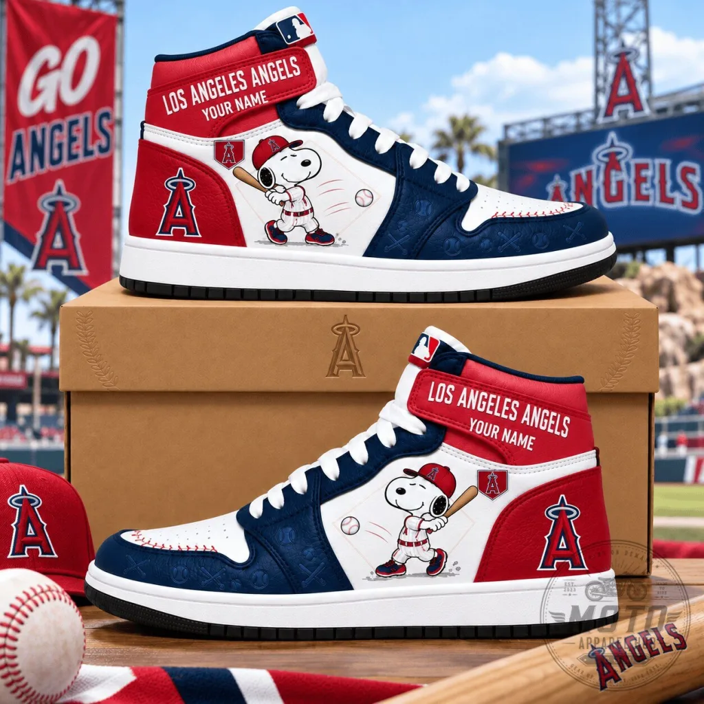 Los Angeles Angels Snoopy Home Run Baseball Custom Name High Top Sneakers Los Angeles Angels Snoopy Home Run Baseball Custom Name High Top Sneakers