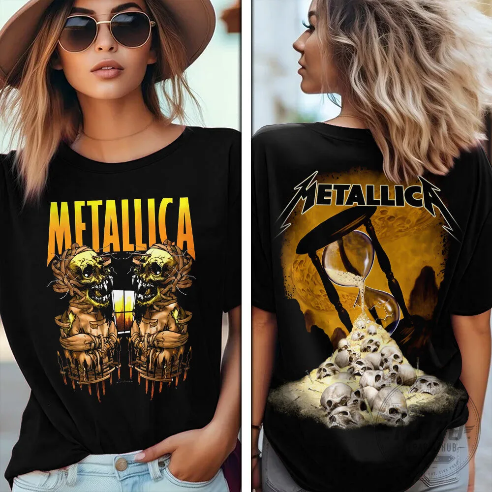 Metallica Band Skulls Hourglass Graphic Print Black Short Sleeve T-Shirt 1 Metallica Band Skulls Hourglass Graphic Print Black Short Sleeve T-Shirt