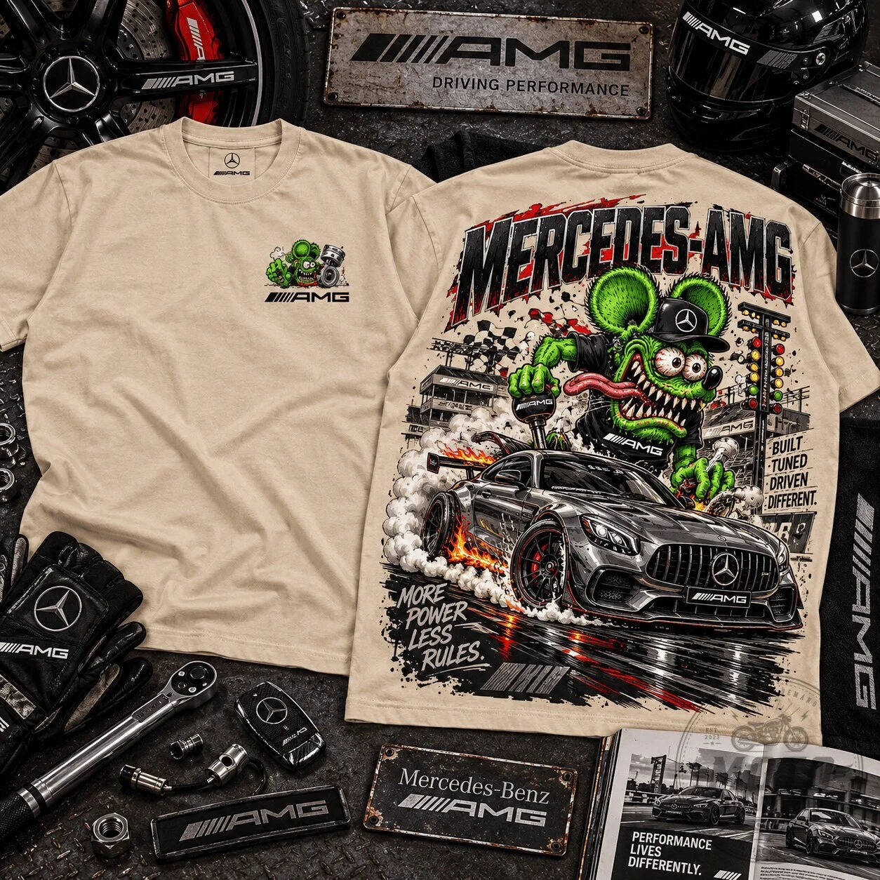 Performance Car Graphic T-Shirt featuring Mercedes-AMG Rat Fink for Motorsports Enthusiasts 2 Performance Car Graphic T-Shirt featuring Mercedes-AMG Rat Fink for Motorsports Enthusiasts