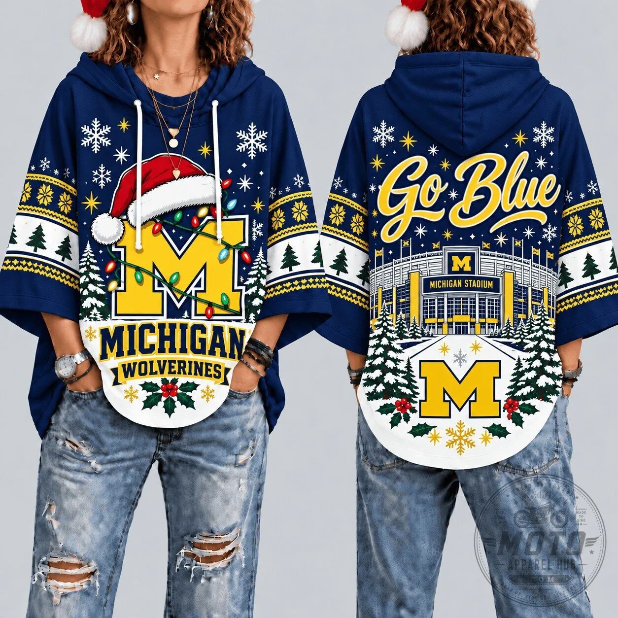 Michigan Wolverines Christmas Ugly Sweater Style Hooded Poncho Top