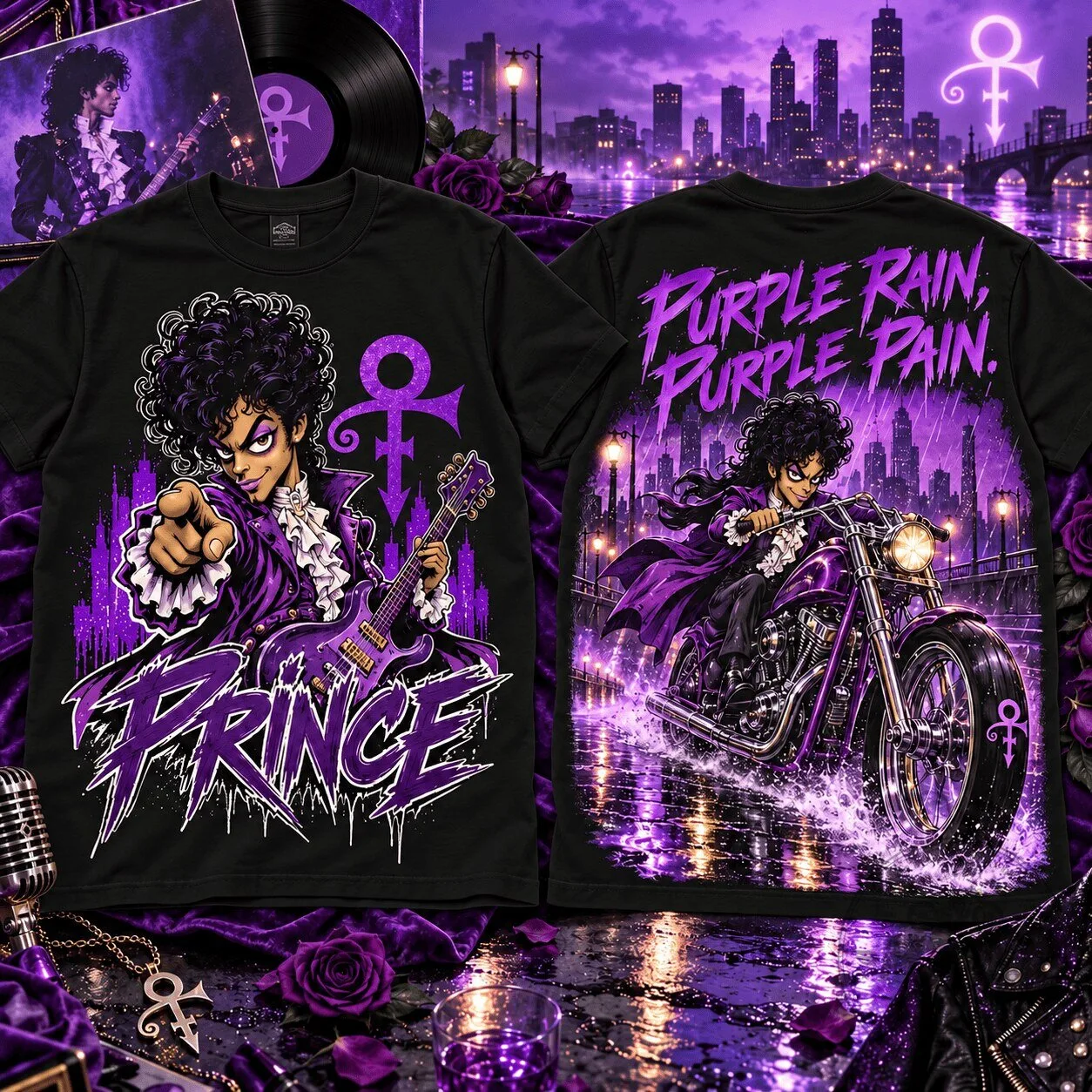 Prince Purple Rain Album Cover Art Cartoon Style Black T-Shirt 1 Prince Purple Rain Album Cover Art Cartoon Style Black T-Shirt