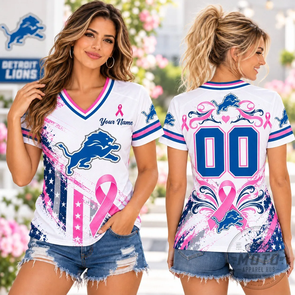 Detroit Lions Pink Star Power Breast Cancer Awareness Football T-Shirt