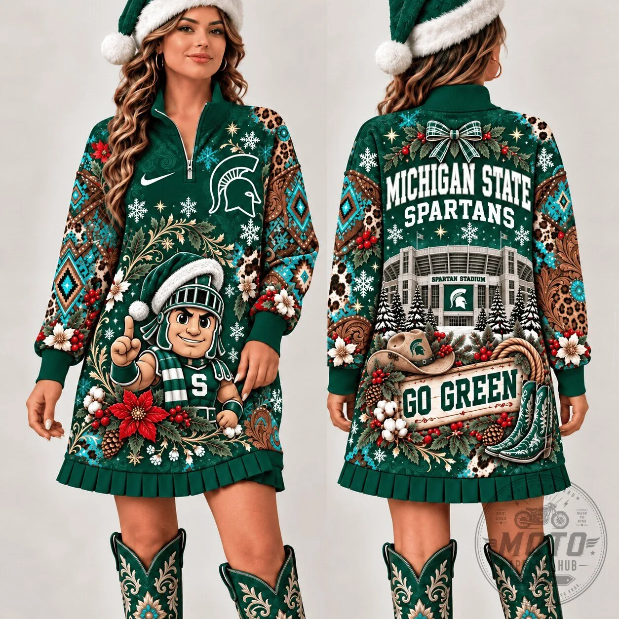 Michigan State Spartans Christmas Western Boho Quarter-Zip Dress 1 Michigan State Spartans Christmas Western Boho Quarter-Zip Dress