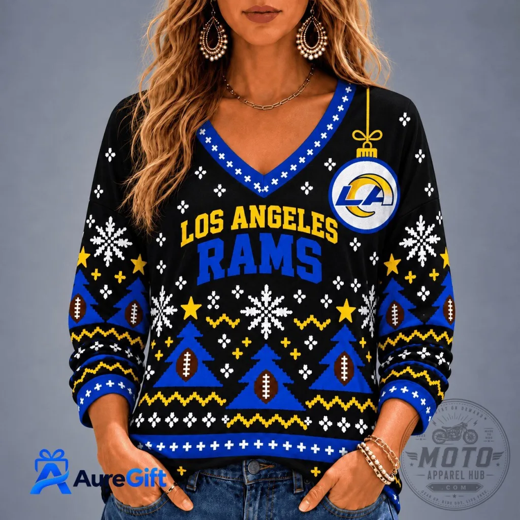 Los Angeles Rams NFL Christmas Snowflake Pattern Long Sleeve V-Neck Shirt Los Angeles Rams NFL Christmas Snowflake Pattern Long Sleeve V-Neck Shirt