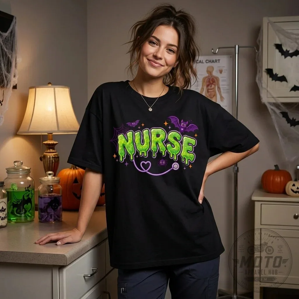 Spooky Slime Nurse Halloween Bats Stethoscope Graphic T-Shirt 1 Spooky Slime Nurse Halloween Bats Stethoscope Graphic T-Shirt