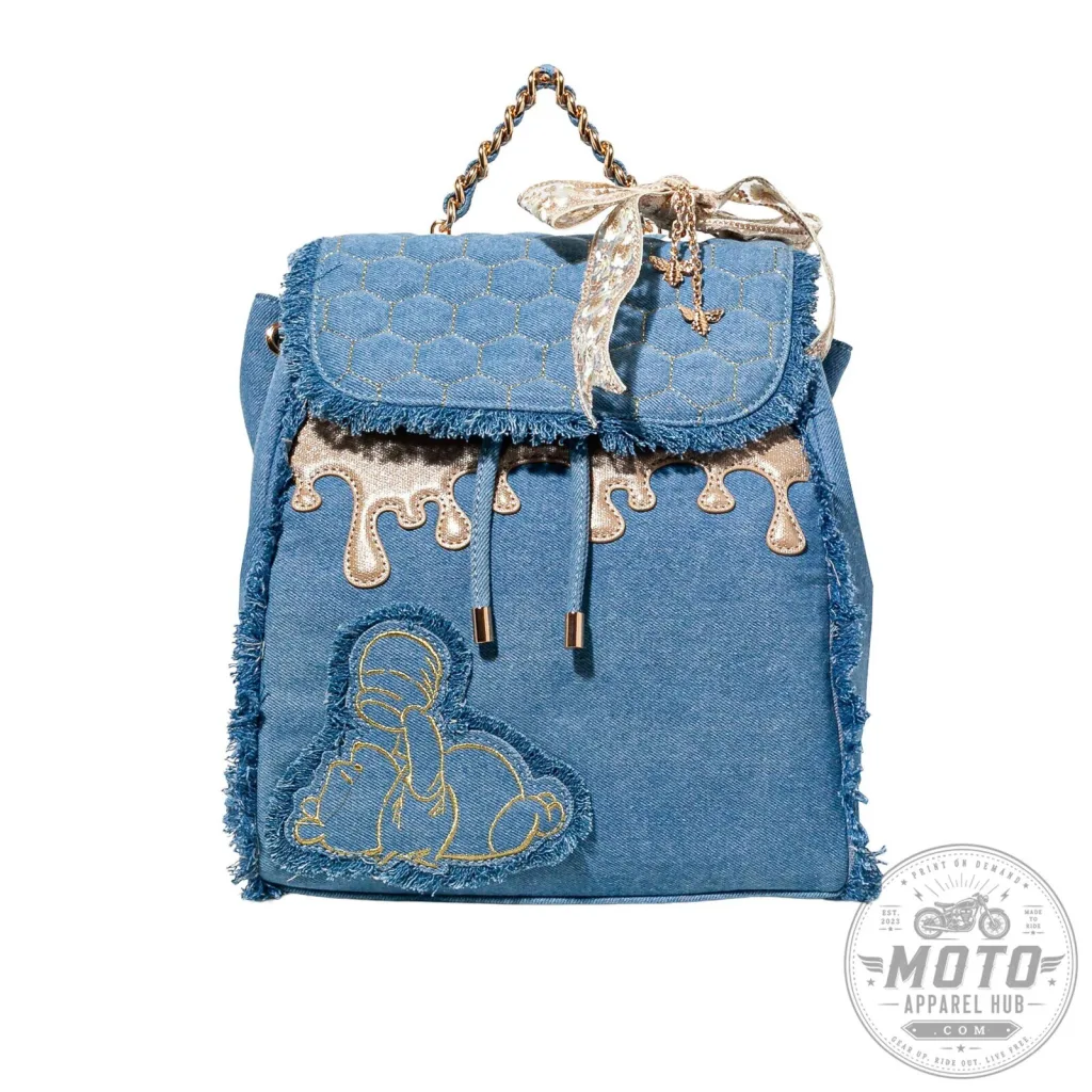 Winnie the Pooh Denim Backpack with Gold Chain and Fringed Trim