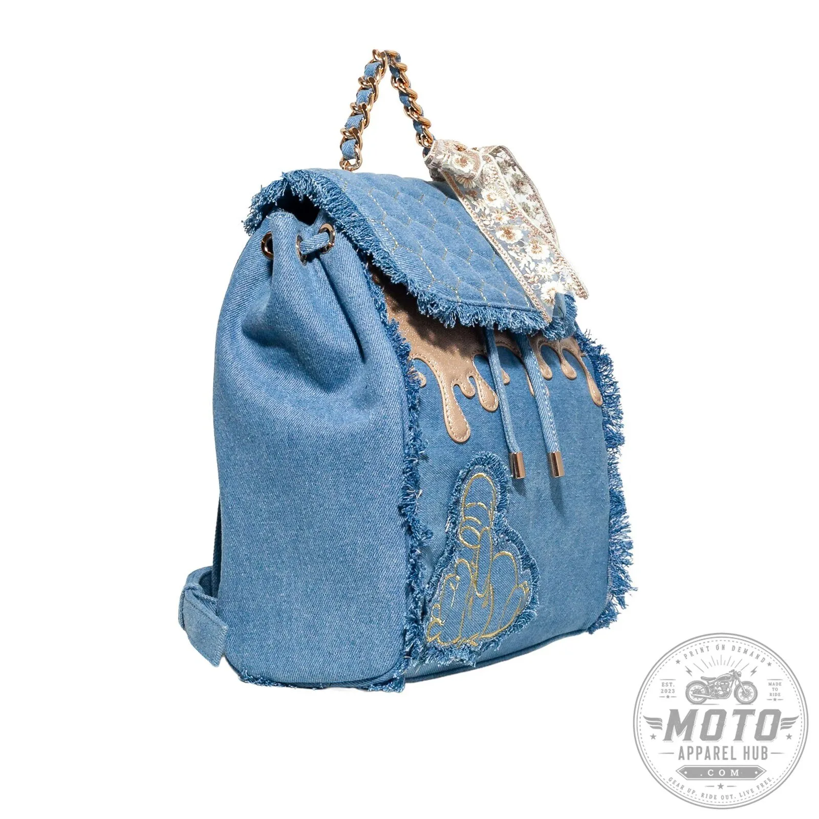 Winnie the Pooh Denim Backpack with Gold Chain and Fringed Trim 10 Winnie the Pooh Denim Backpack with Gold Chain and Fringed Trim