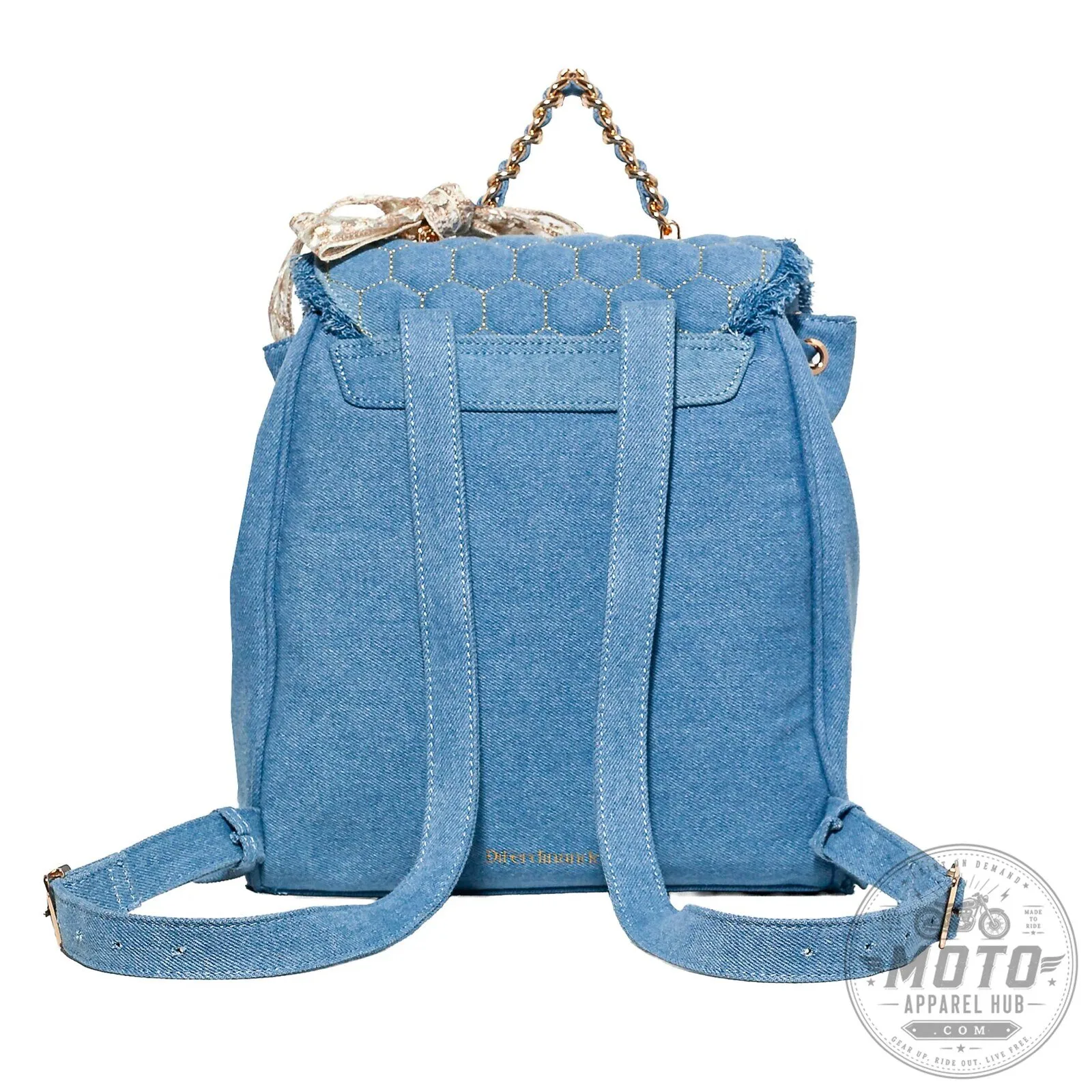 Winnie the Pooh Denim Backpack with Gold Chain and Fringed Trim 11 Winnie the Pooh Denim Backpack with Gold Chain and Fringed Trim