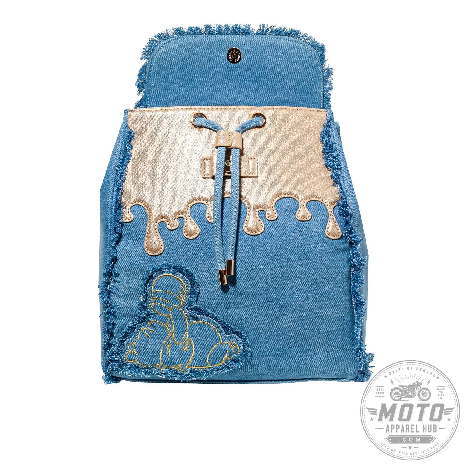 Winnie the Pooh Denim Backpack with Gold Chain and Fringed Trim 12 Winnie the Pooh Denim Backpack with Gold Chain and Fringed Trim