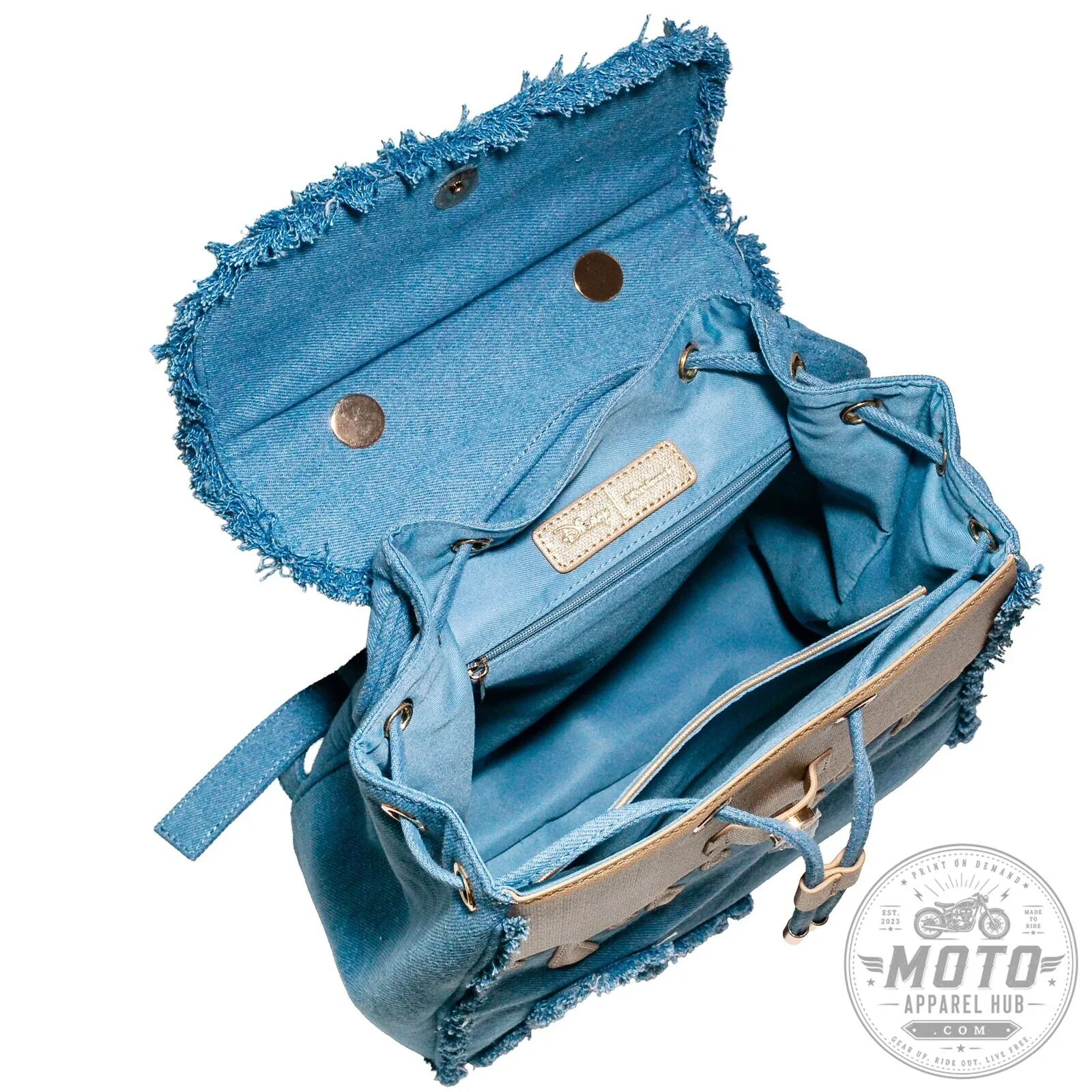 Winnie the Pooh Denim Backpack with Gold Chain and Fringed Trim 13 Winnie the Pooh Denim Backpack with Gold Chain and Fringed Trim