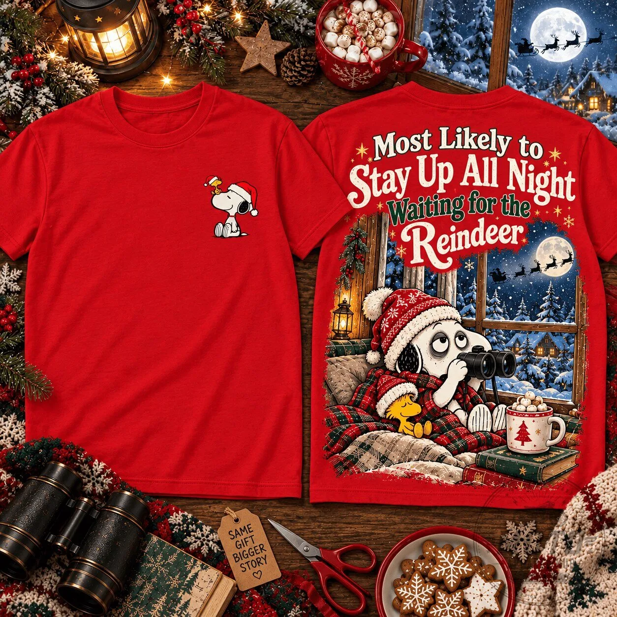 Snoopy Most Likely To Stay Up All Night Waiting For Reindeer Christmas T-Shirt