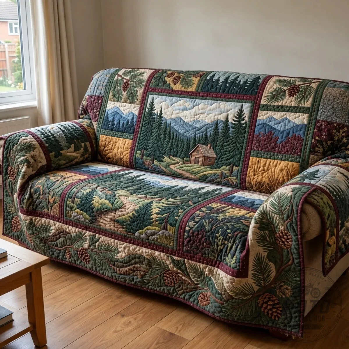 Pine Forest Cabin Quilted Sofa Cover, Rustic Mountain Landscape Couch Protector 9 Pine Forest Cabin Quilted Sofa Cover, Rustic Mountain Landscape Couch Protector