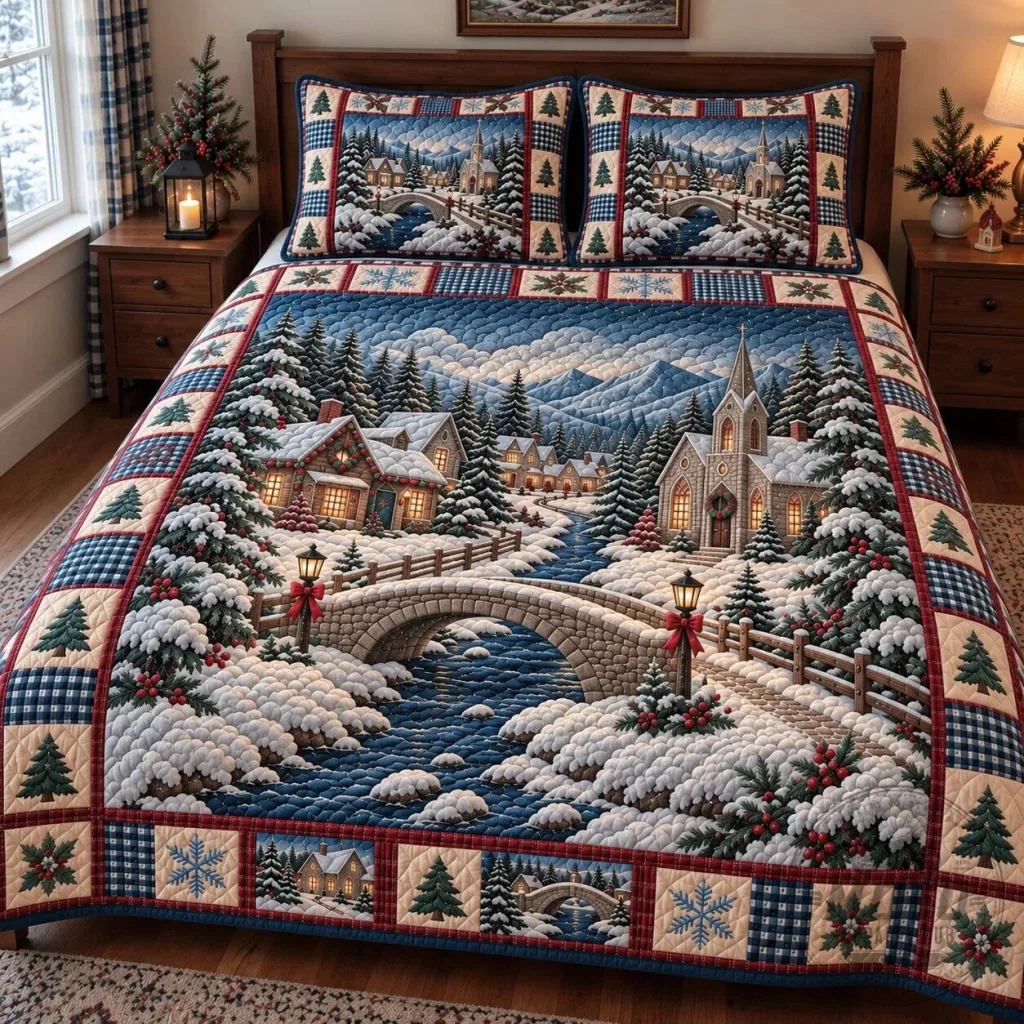 Christmas Village Winter Wonderland Quilted Bedding Set with Pillow Shams