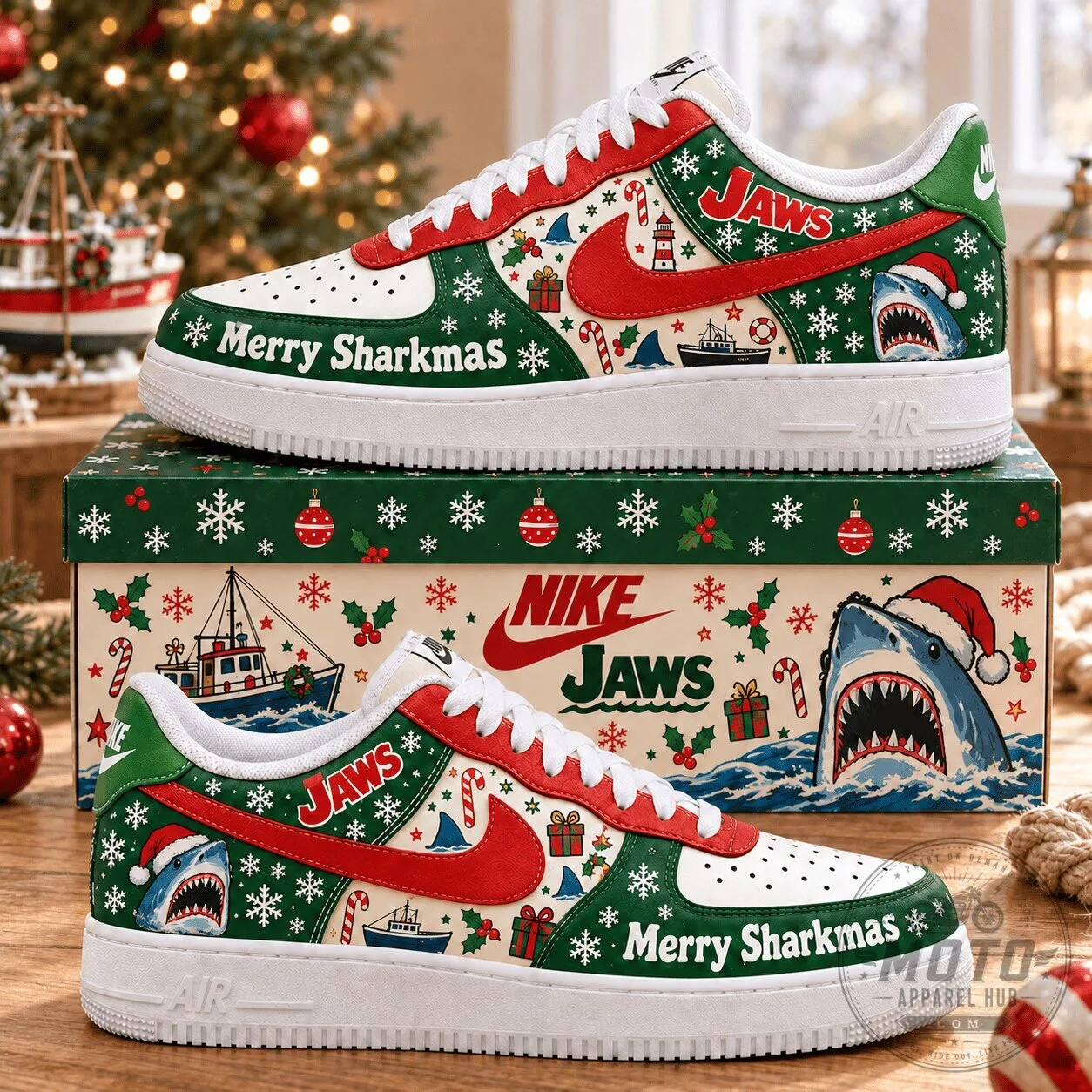 Jaws Movie Christmas Holiday Themed White and Green Low Top Sneakers