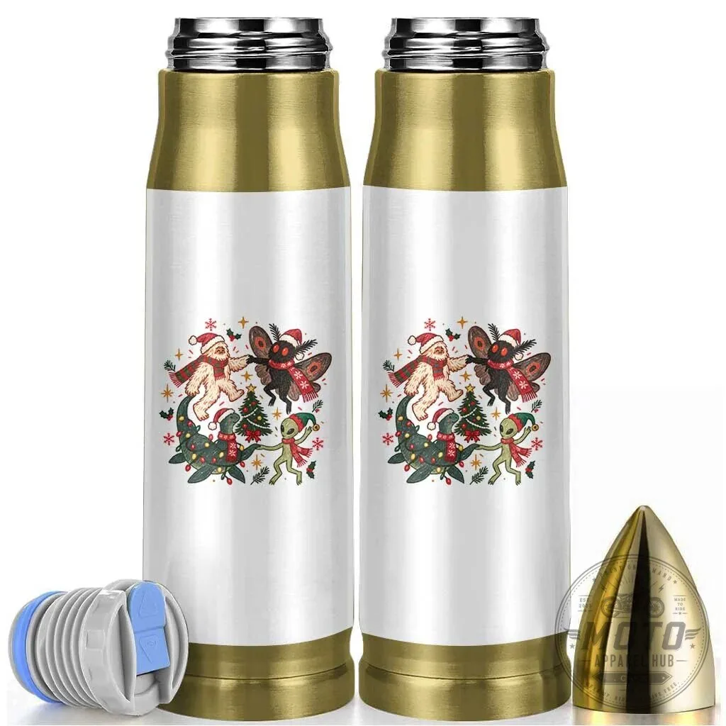 Christmas Cryptid Dancing Bullet Tumbler with Bigfoot Mothman Nessie Alien Holiday Design