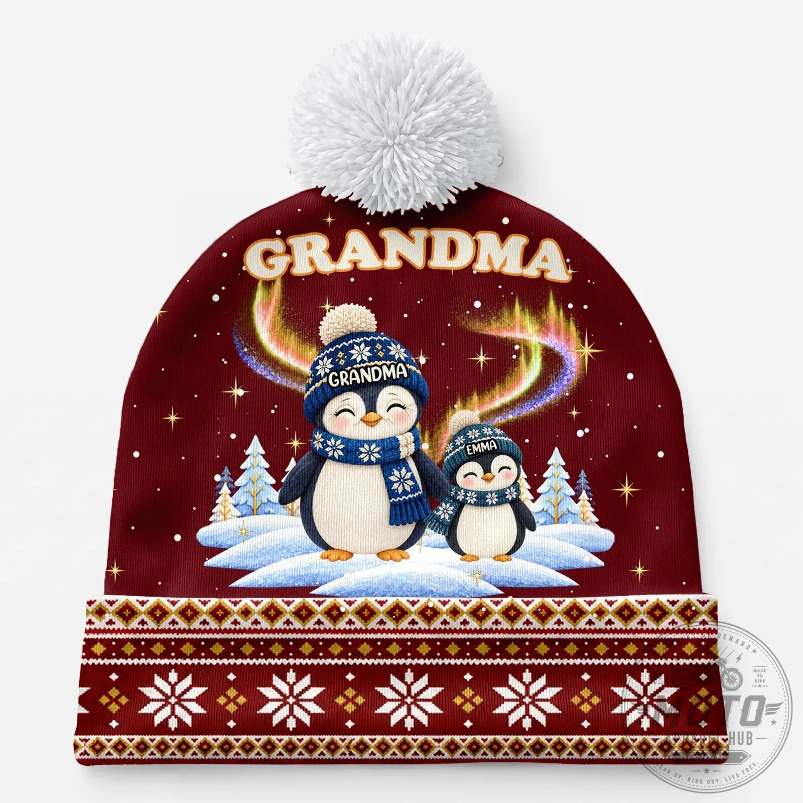Grandma Penguin And Baby Penguin Winter Wonderland Pom Pom Beanie Hat