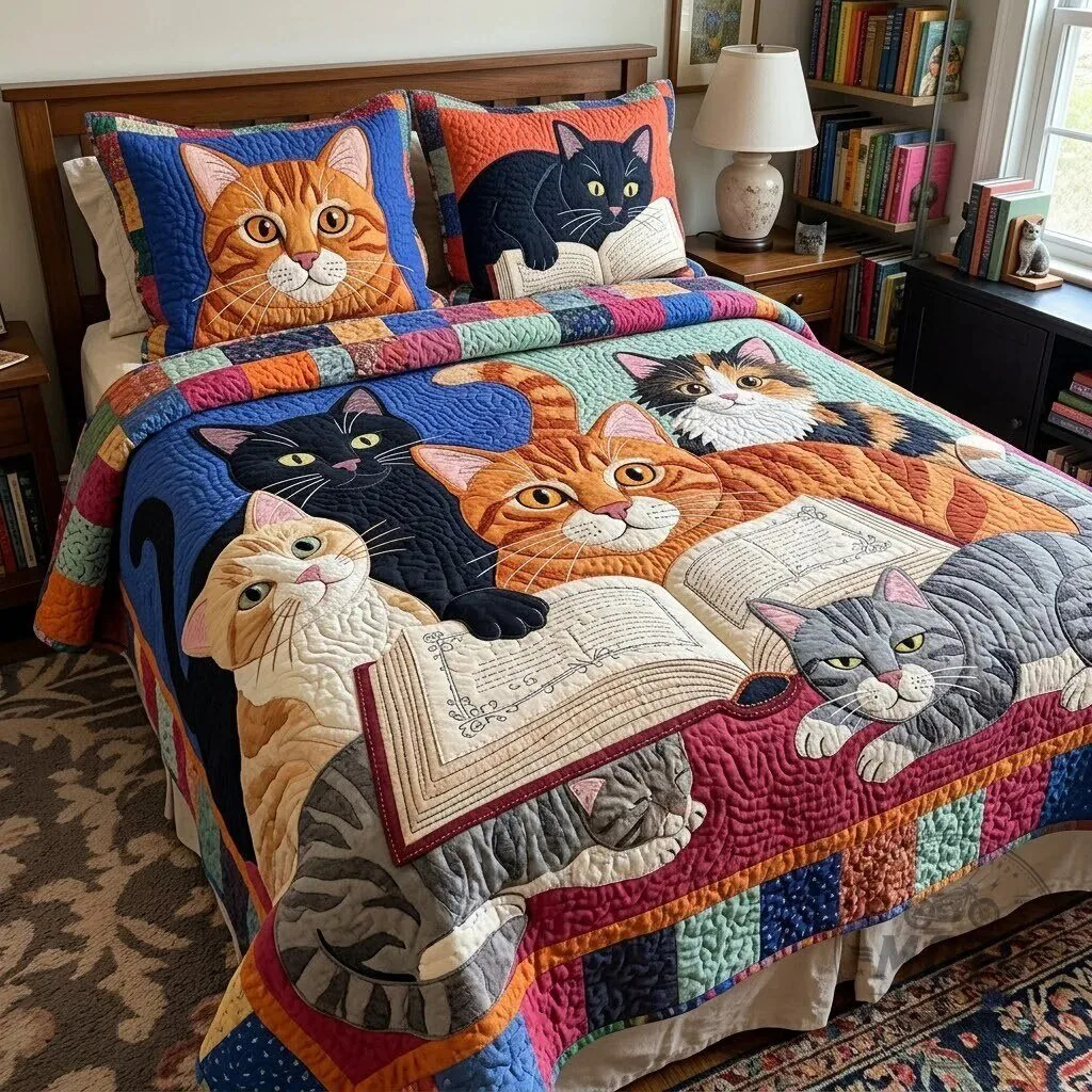 Cute Cat Book Club Chaos Quilted Bedding Set with Pillow Shams