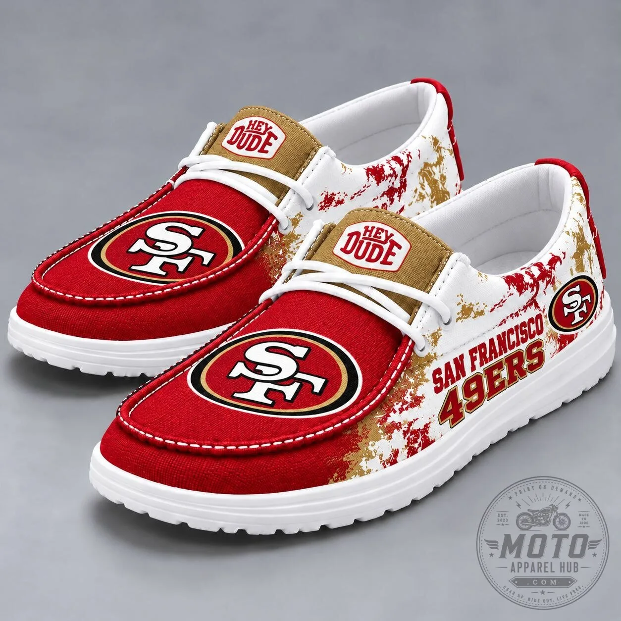 Red and Gold Casual Loafer Shoes Featuring San Francisco 49ers NFL Team Logo